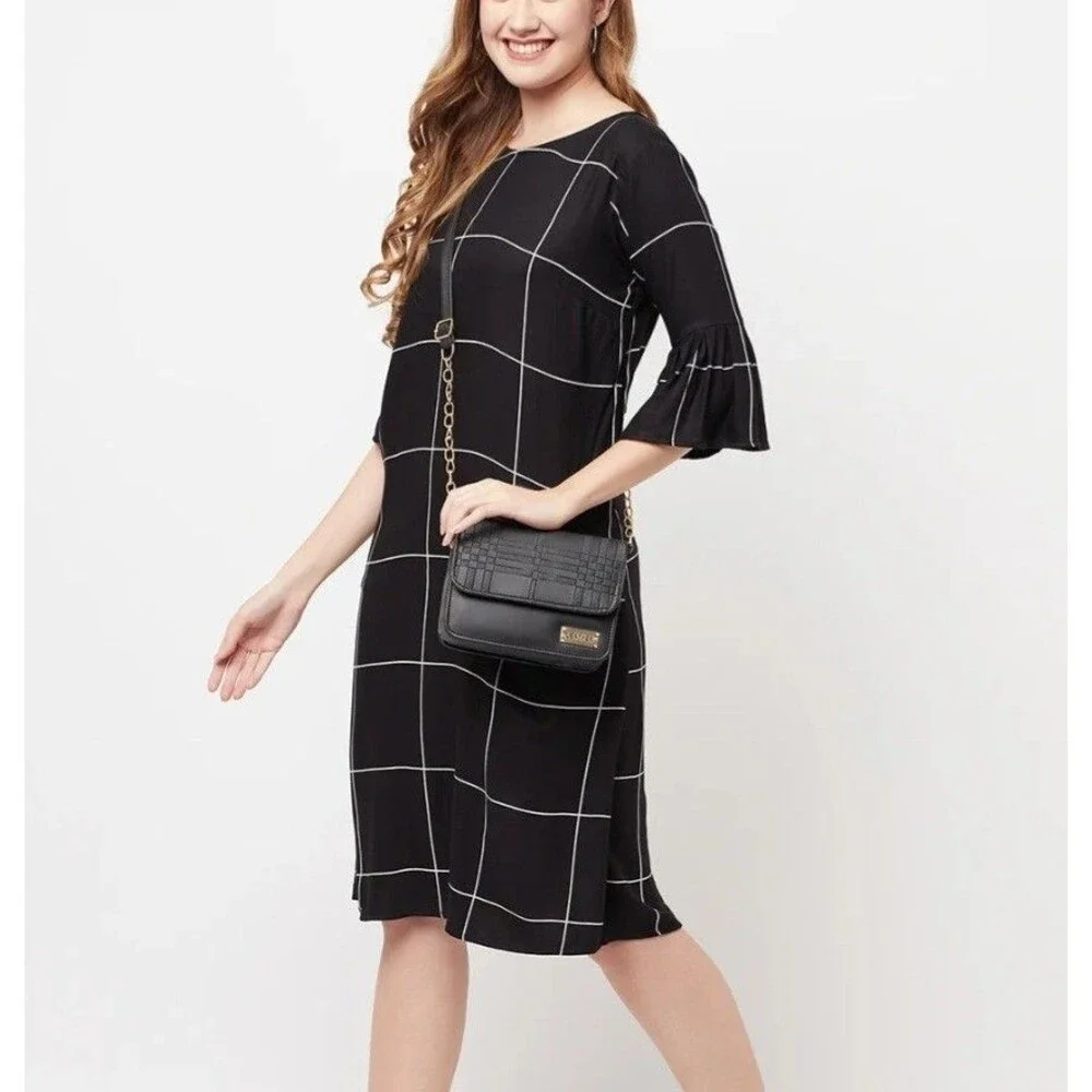 Jude Connally Lyla Shift Dress Black White Windowpane Bell Sleeve Size S